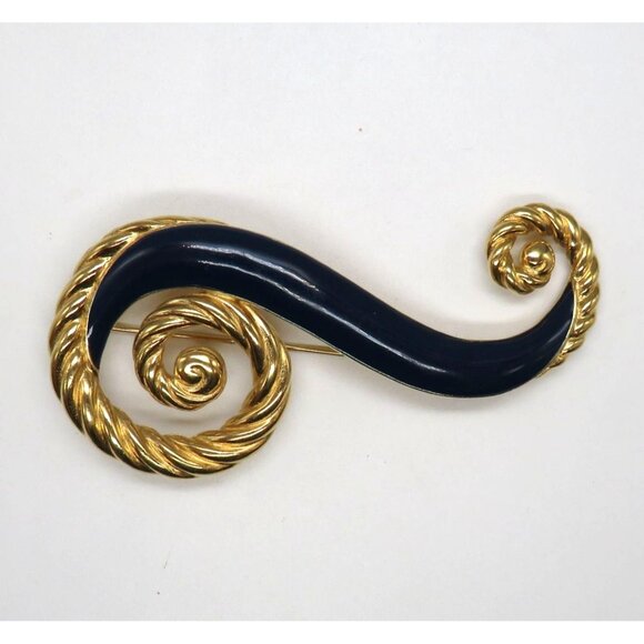 Vintage Trfari Brooch Blue Enamel Gold Tone 3.5" Swirl Signed Statement Pin - Picture 4 of 7